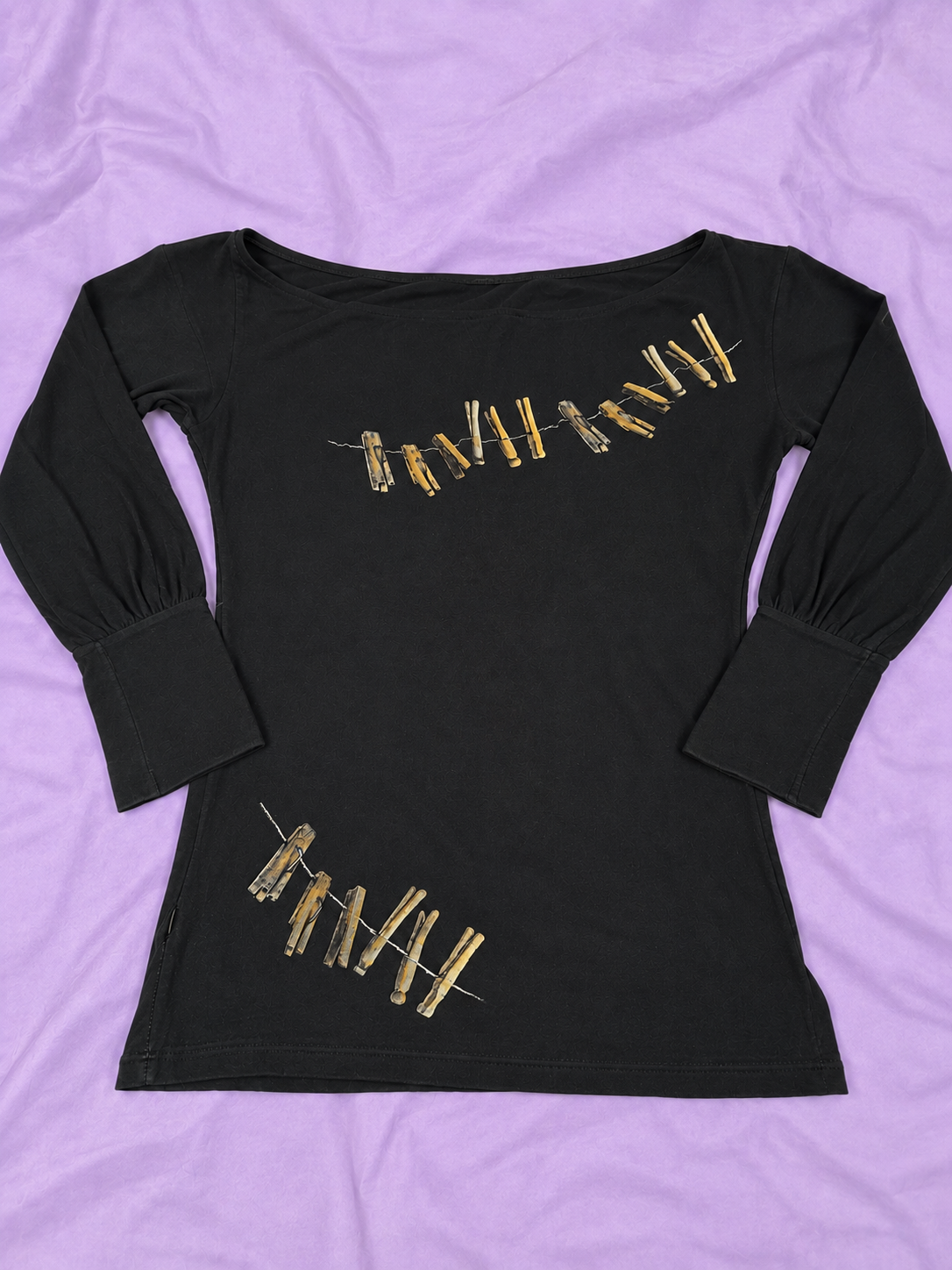 Just Cavalli Schwarzes Langarm-Top – Florale Pailletten Y2K Made in Italy