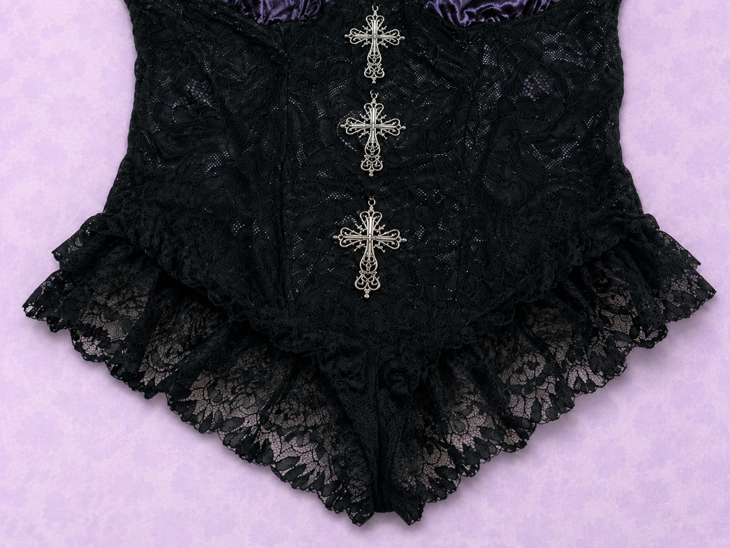 Black Lace Top with Purple Satin & Cross Charms