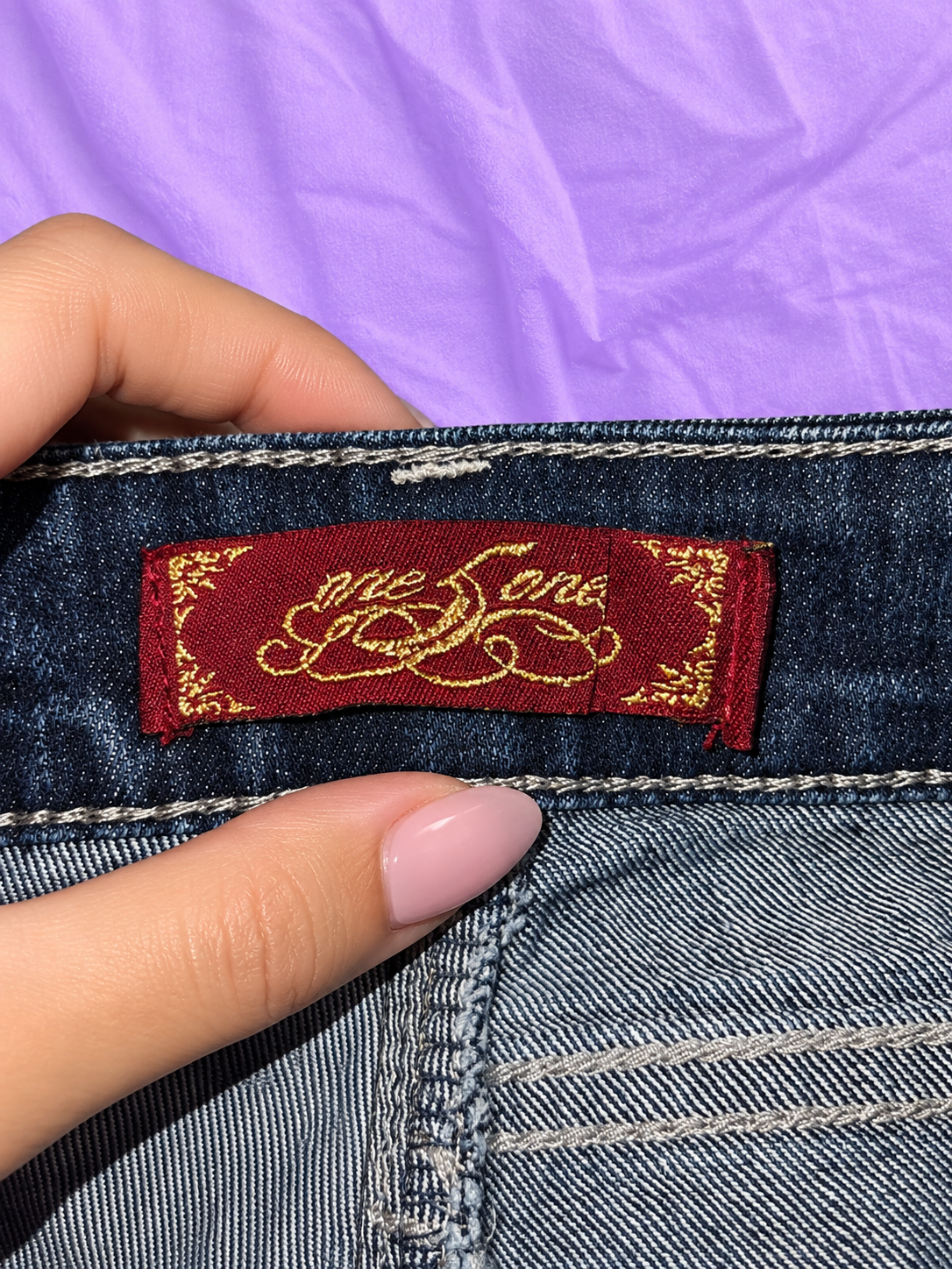 ONE 5 ONE Dark Wash Flare Jeans with Embroidery & Rhinestones – Size 12