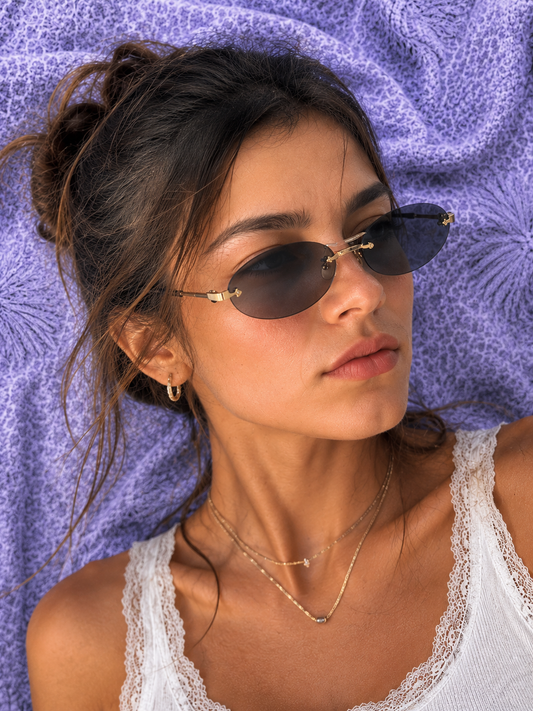 Solo Solis Occhiali da Sole Ovali Rimless Y2K – Lenti Grigie e Montatura in Metallo Argento