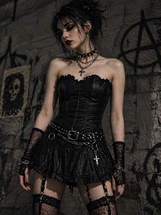 Corsetto Nero Satinato Secret Possessions – Bustier Gothic con Allacciatura Frontale