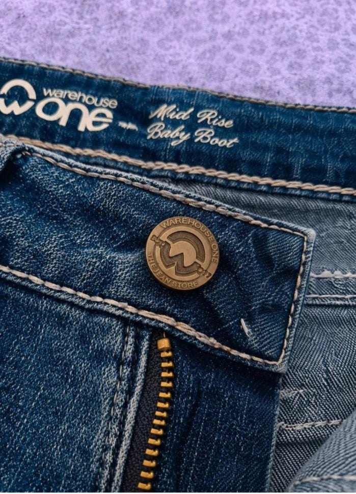 Vintage Y2K Flare Jeans Donna W28 IT 42 Denim Blu Bootcut Tasche Ricamate Vita Bassa