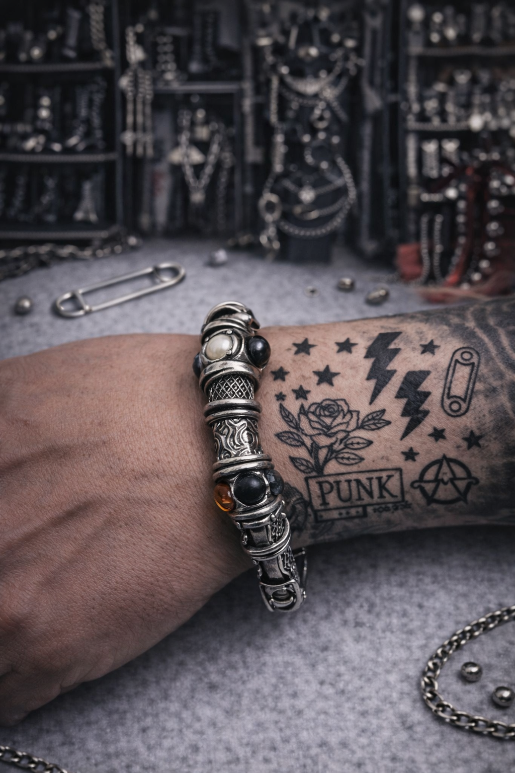 Bracciale Unisex Vintage Y2K con Perle e Pietre – Maglia Metallica Argento – USATO