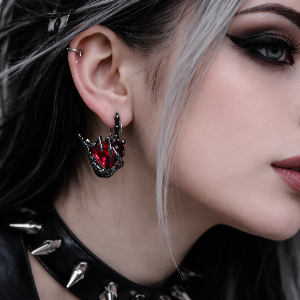 Orecchini Gothic Cuore Rosso con Mano Scheletrica – Dark Punk Unisex – NUOVO