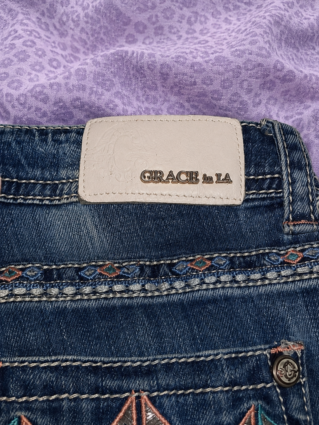 Jeans Grace in LA Bootcut Donna Taglia 28 Denim Blu Ricamato Stile Y2K
