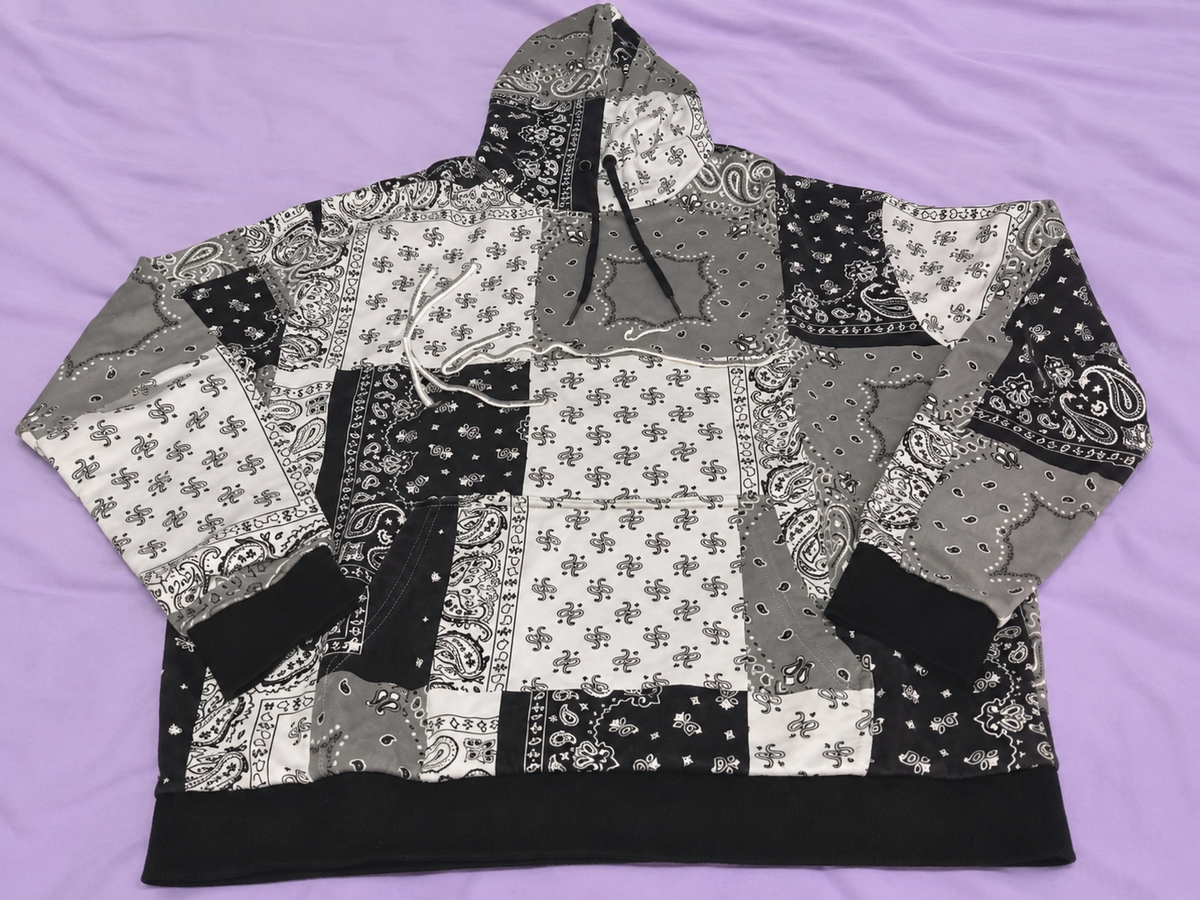 Y2K Bandana Patchwork Hoodie Black Grey White – Size M