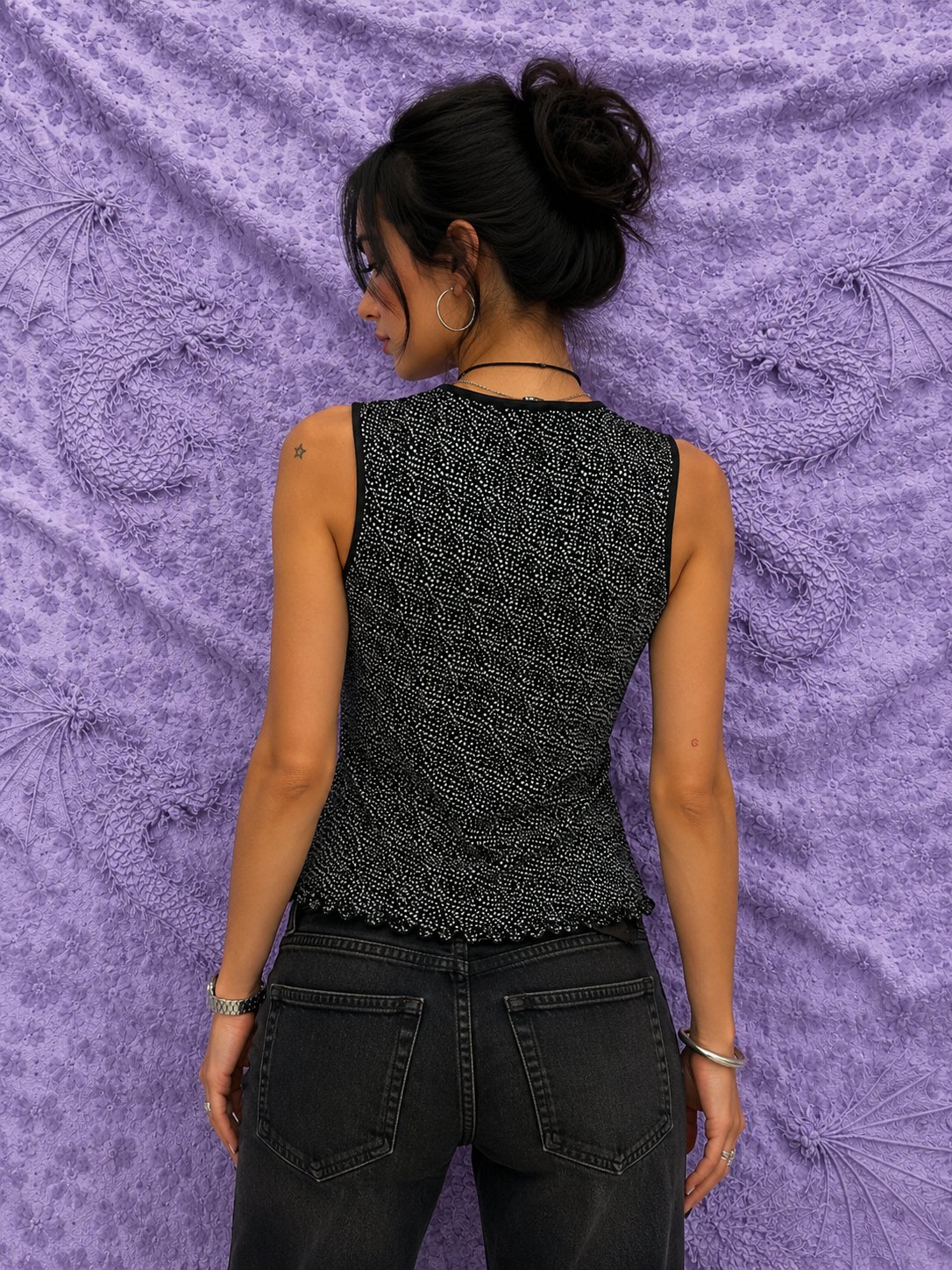 Top Taifun Nero Fantasia Smanicato Donna | Taglio Svasato Elegante Casual