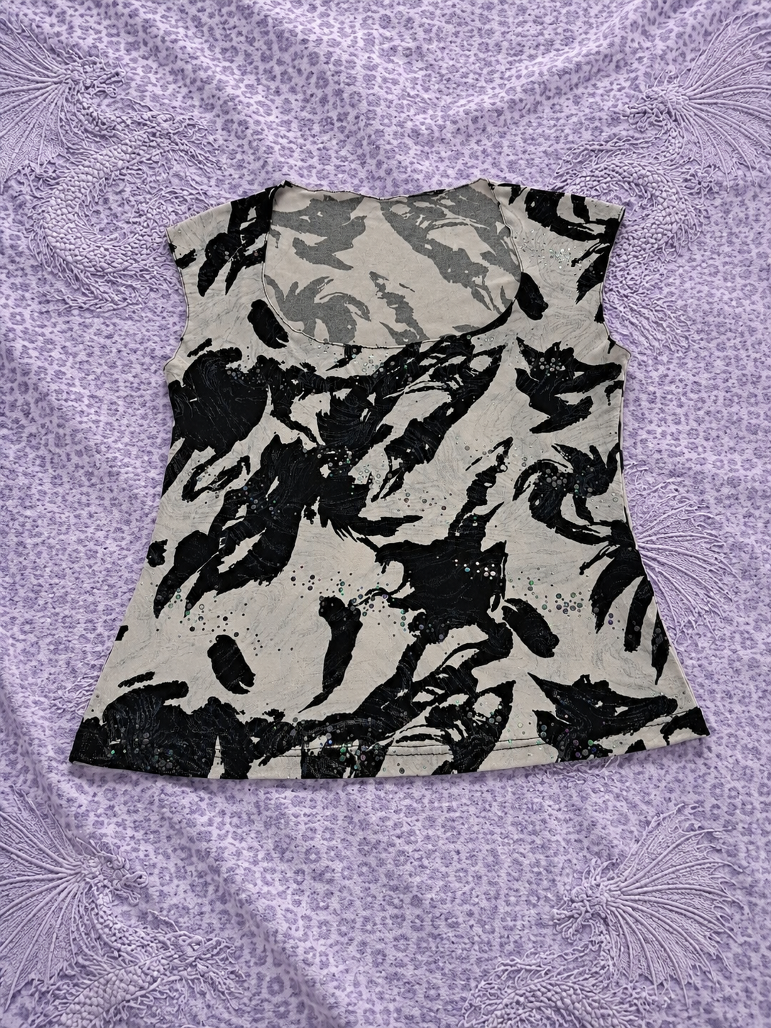 Top Donna Y2K Nero Bianco con Paillettes e Scollo Ampio – Taglia M
