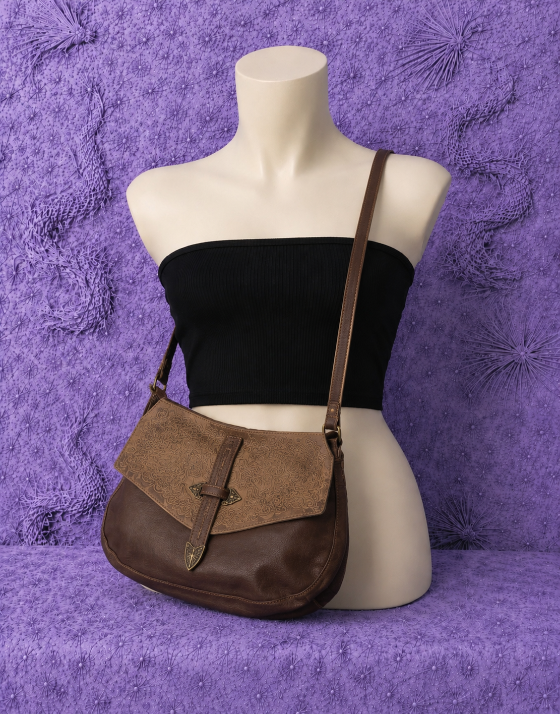 Justin Vintage Western Shoulder Bag Brown Embossed Boho Handbag Country Style