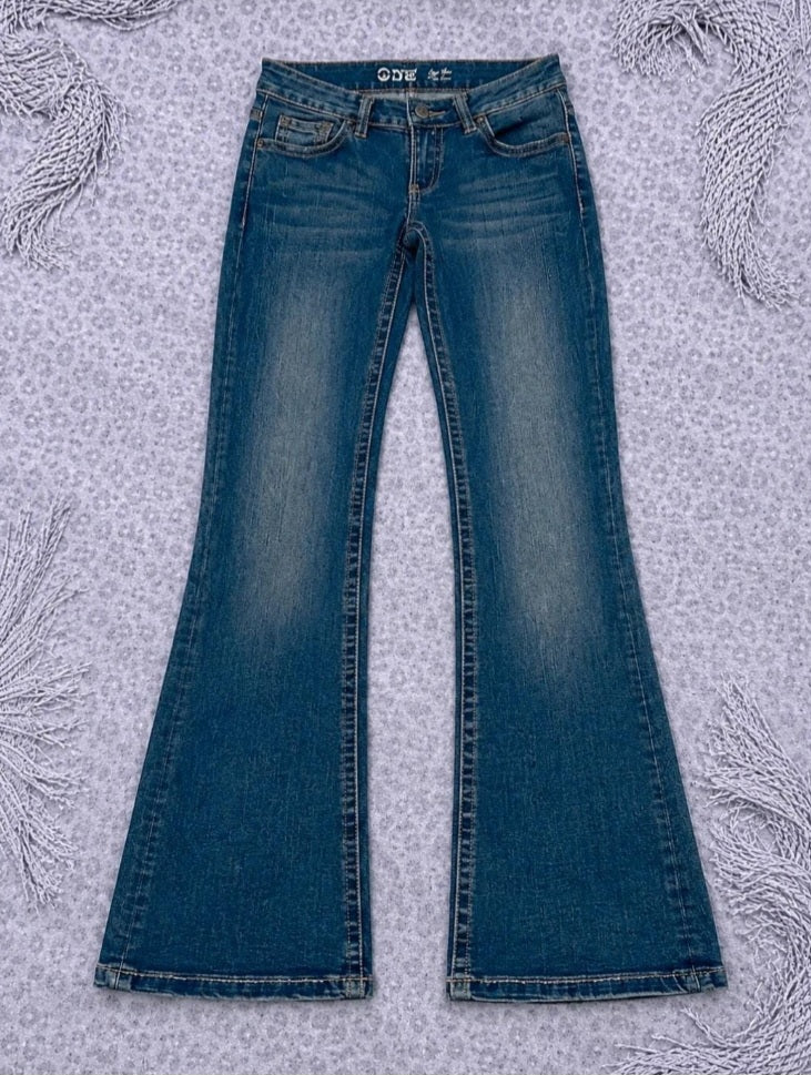 Vintage Y2K Flare Jeans Donna W28 IT 42 Denim Blu Bootcut Tasche Ricamate Vita Bassa