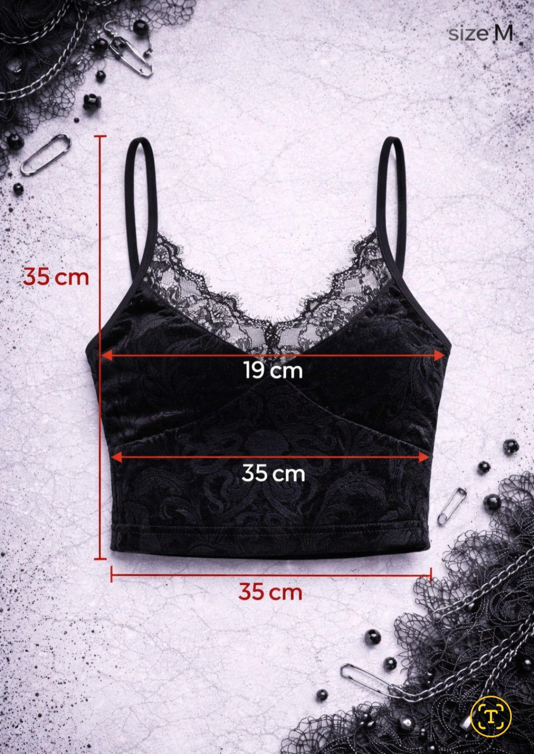 Punk Gothic Velvet Crop Top with Lace – Black Bustier, Adjustable Straps