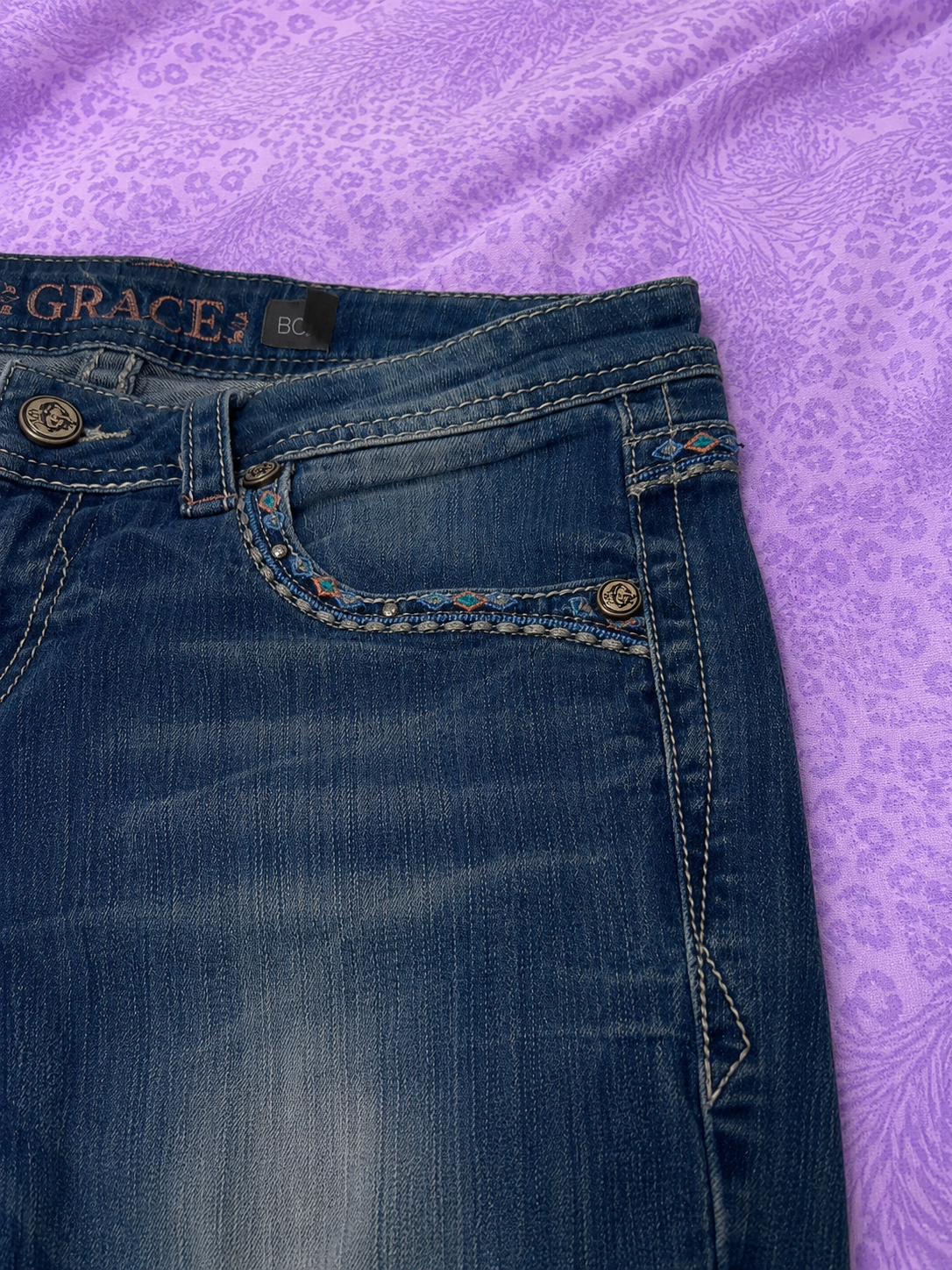 Jeans Grace in LA Bootcut Donna Taglia 28 Denim Blu Ricamato Stile Y2K