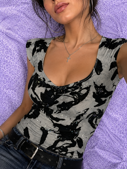 Top Donna Y2K Nero Bianco con Paillettes e Scollo Ampio – Taglia M