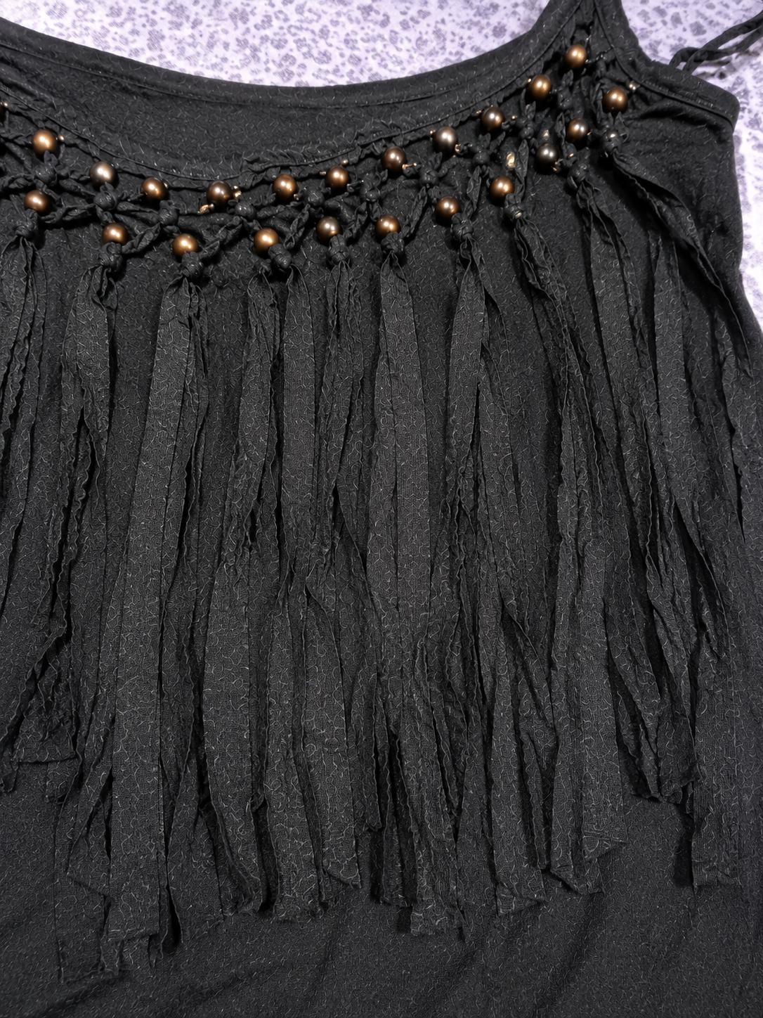 Black Fringe Boho Top with Beaded Neckline – Y2K Festival Style Tank