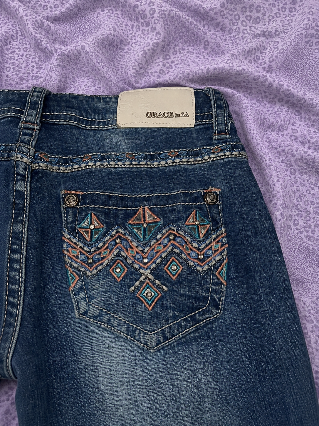 Jeans Grace in LA Bootcut Donna Taglia 28 Denim Blu Ricamato Stile Y2K