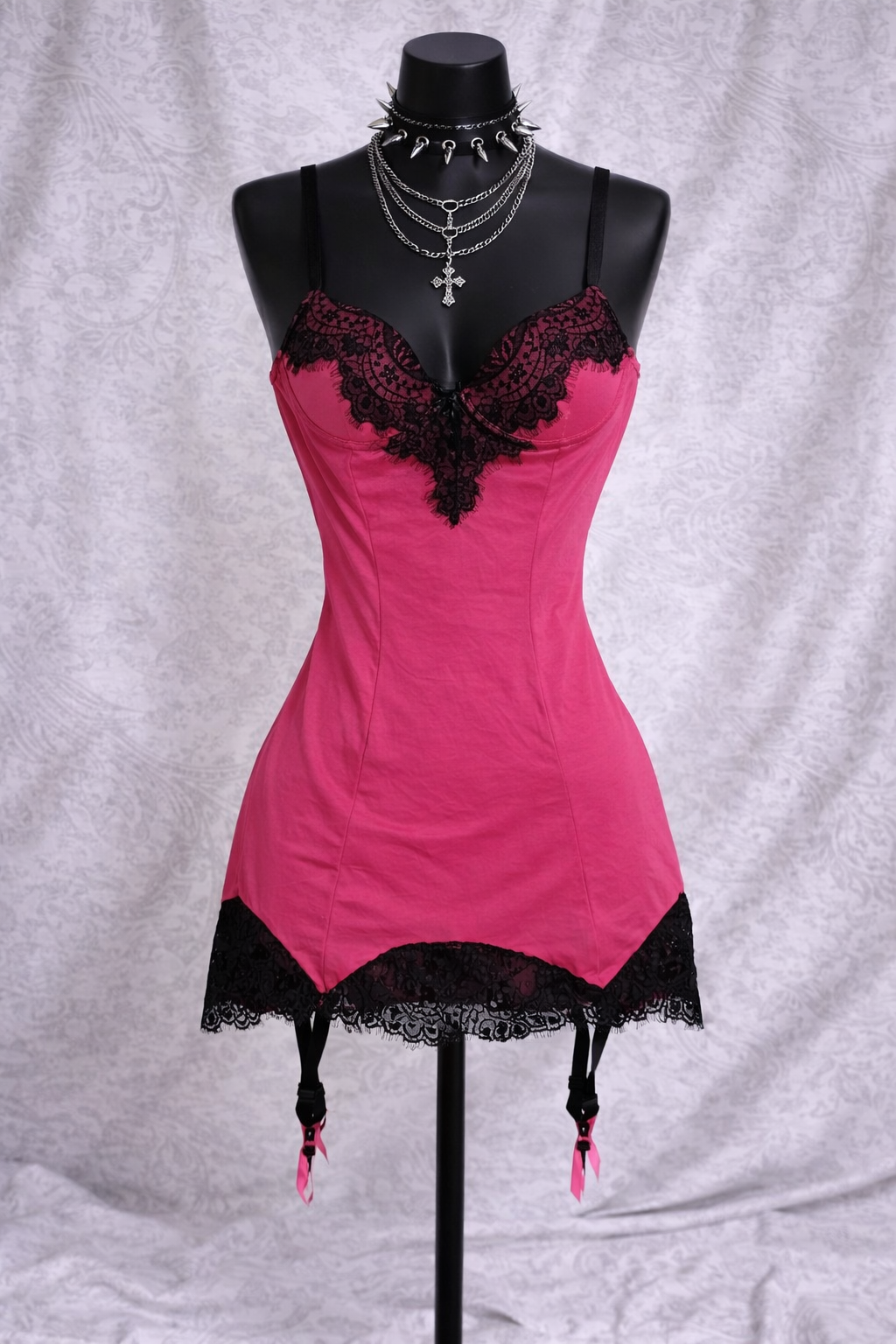 Vestito Babydoll Rosa con Reggicalze – Mini Dress Goth Sexy in Pizzo Nero (Taglia S)