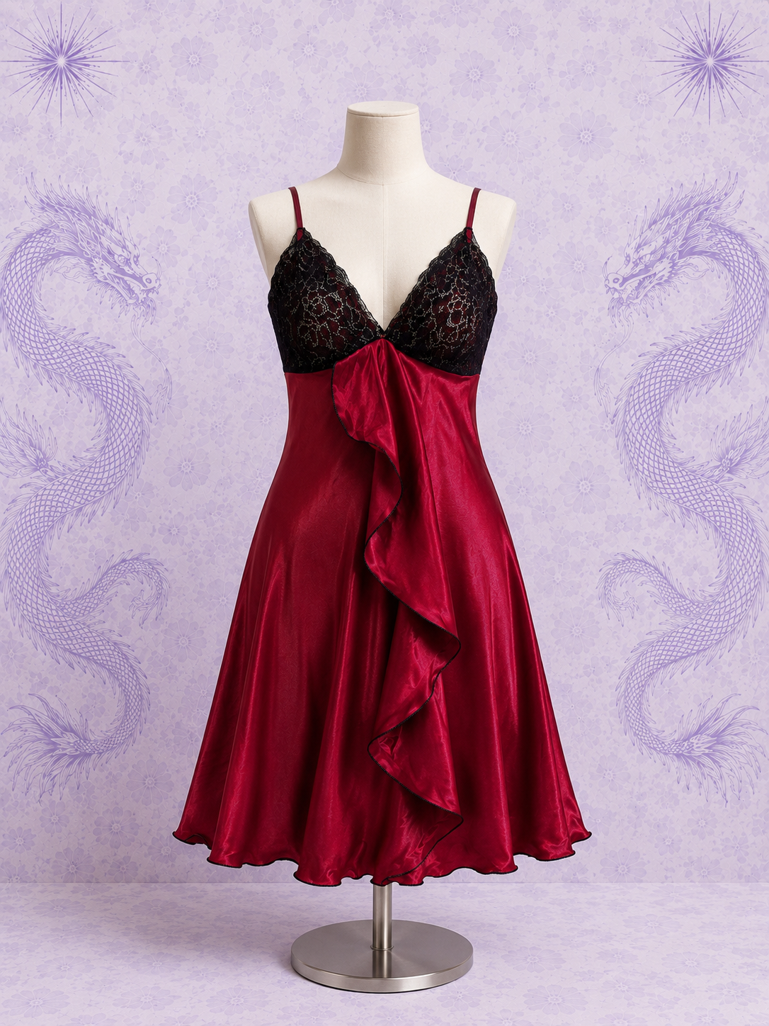 Abito Rosso in Raso con Pizzo Nero e Volant Y2K