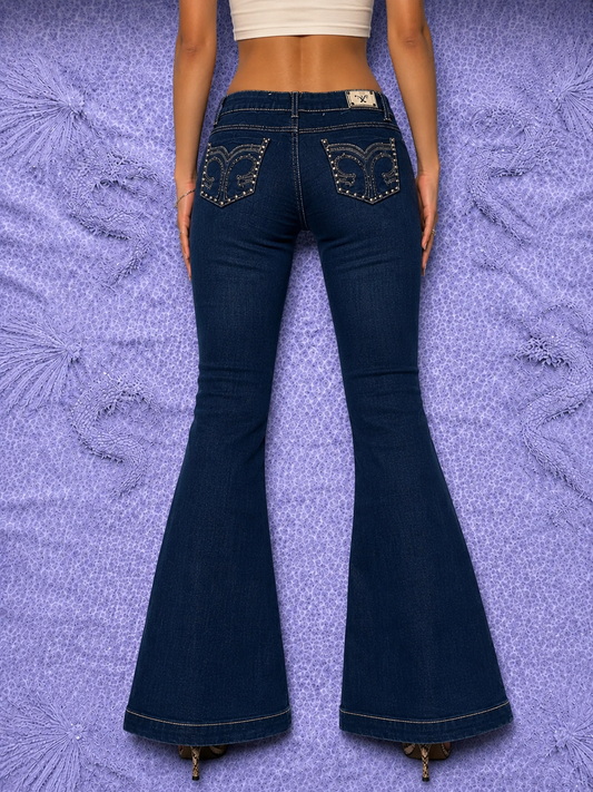 Jeans Bootcut Y2K Blu Scuro con Strass e Tasche Decorate – Taglia M