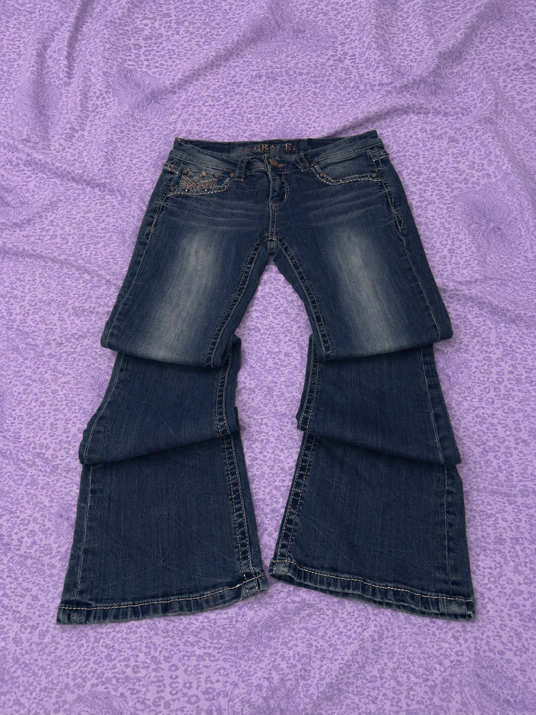 Jeans Grace in LA Bootcut Donna Taglia 28 Denim Blu Ricamato Stile Y2K
