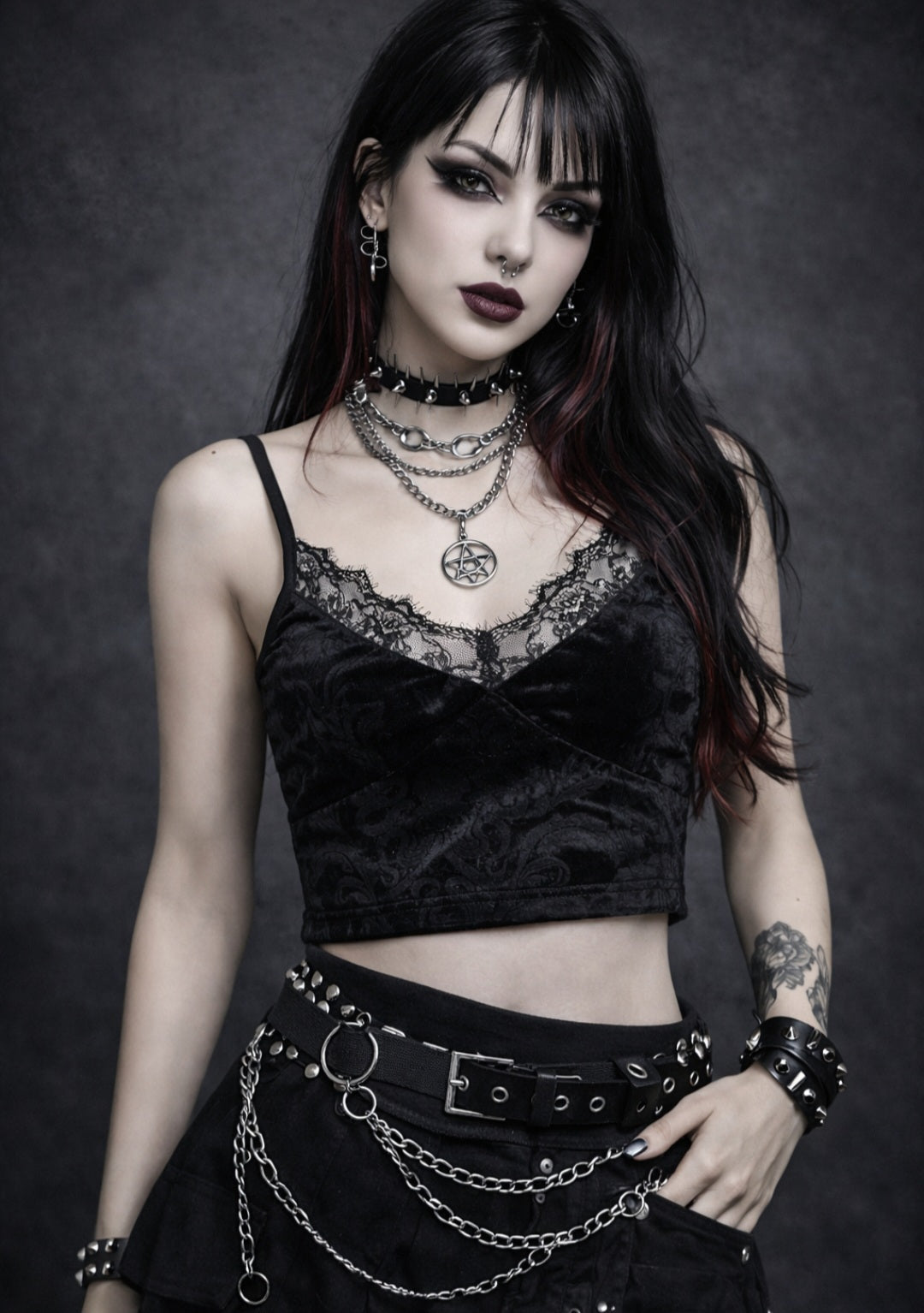 Punk Gothic Velvet Crop Top with Lace – Black Bustier, Adjustable Straps