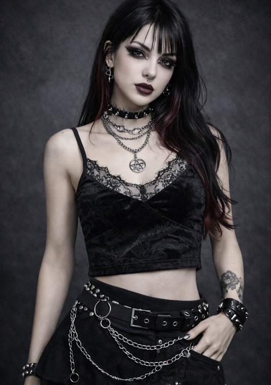 Punk Gothic Velvet Crop Top with Lace – Black Bustier, Adjustable Straps