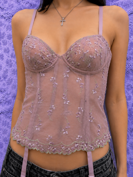Christies Top Ricamato Rosa Cipria in Tulle Floreale – Vintage Y2K Taglia