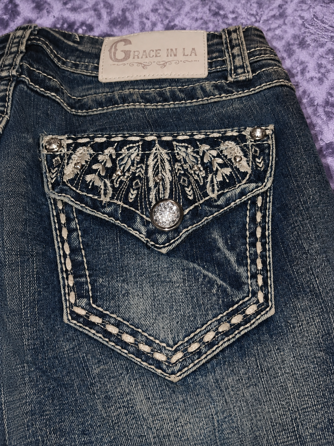 Jeans Grace in LA Y2K Bootcut Donna Taglia 7/28 Denim Blu Ricami e Strass Stile Western Cowgirl