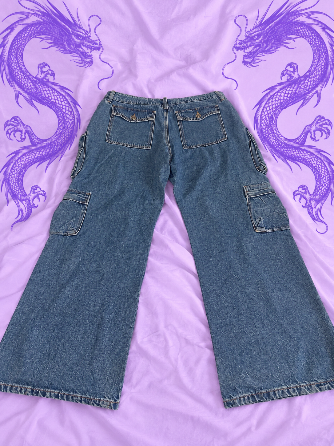 Garage Denim Y2K Cargo Jeans – Blue Wide Leg Multi Pocket – Size 11/30