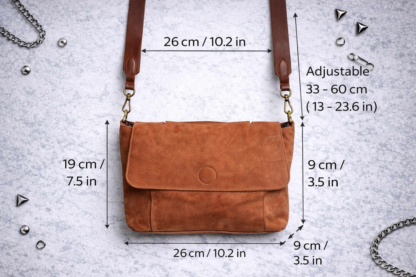 Borsa a tracolla marrone in suede – stile punk rock / vintage streetwear