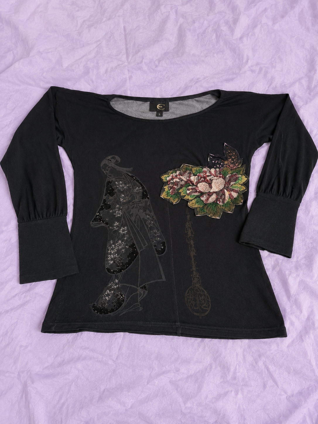 Just Cavalli Schwarzes Langarm-Top – Florale Pailletten Y2K Made in Italy
