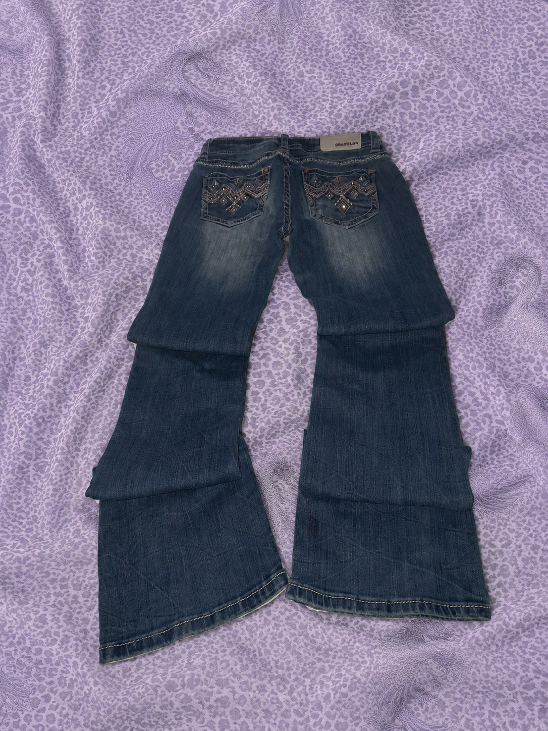 Jeans Grace in LA Bootcut Donna Taglia 28 Denim Blu Ricamato Stile Y2K