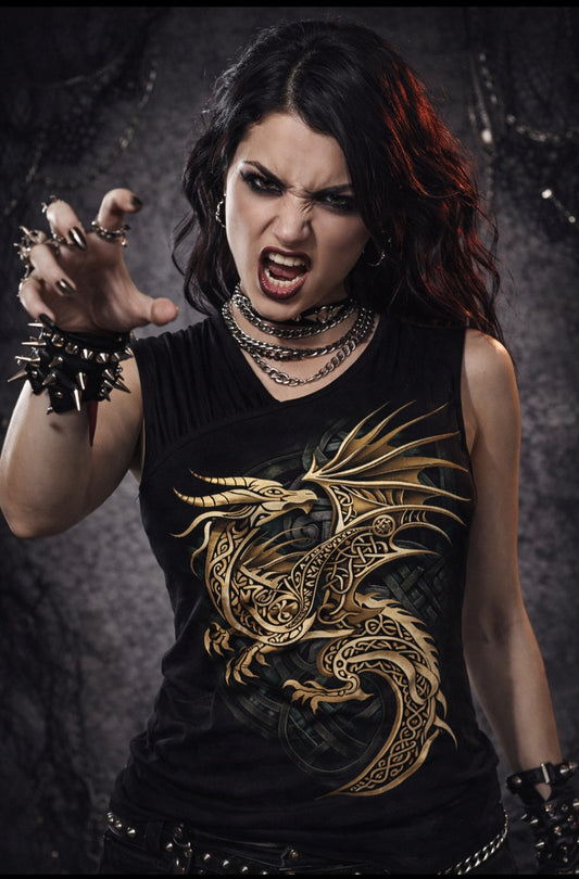 Gothic Dragon Top – Canotta Punk Rock Nera con Drago Celtico | Darkwear Alternative