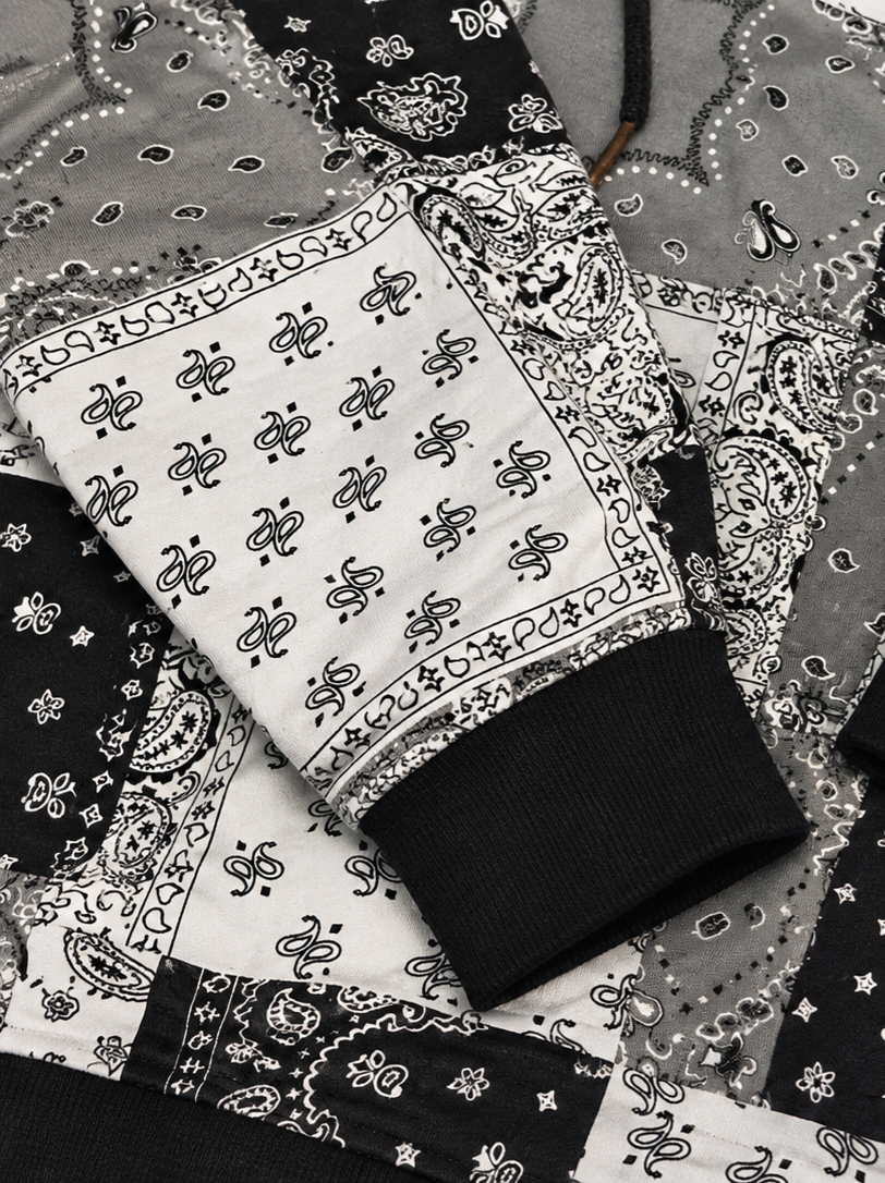 Y2K Bandana Patchwork Hoodie Black Grey White – Size M