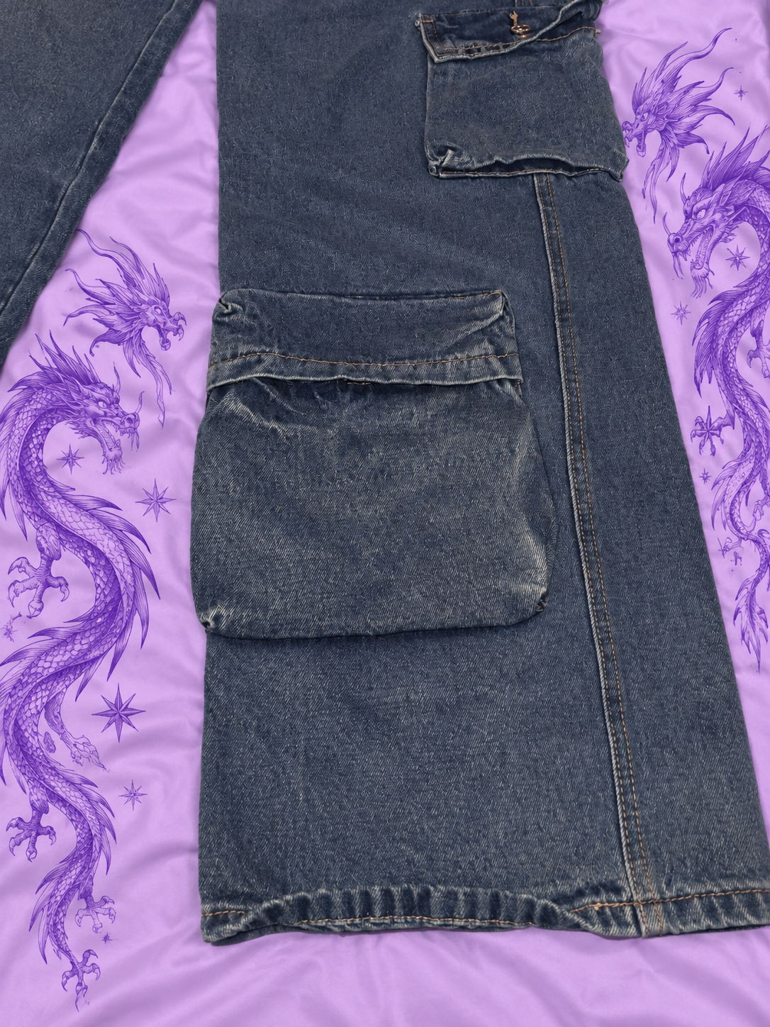 Y2K Baggy Cargo Jeans Blue Denim Wide Leg Multi Pocket – Size L