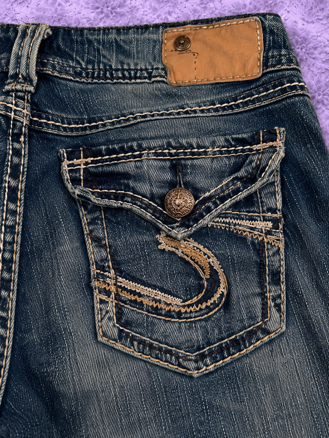Jeans Silver Suki Bootcut Donna W28 L32 Denim Blu Vita Bassa Y2K Flare Ricami Tasche