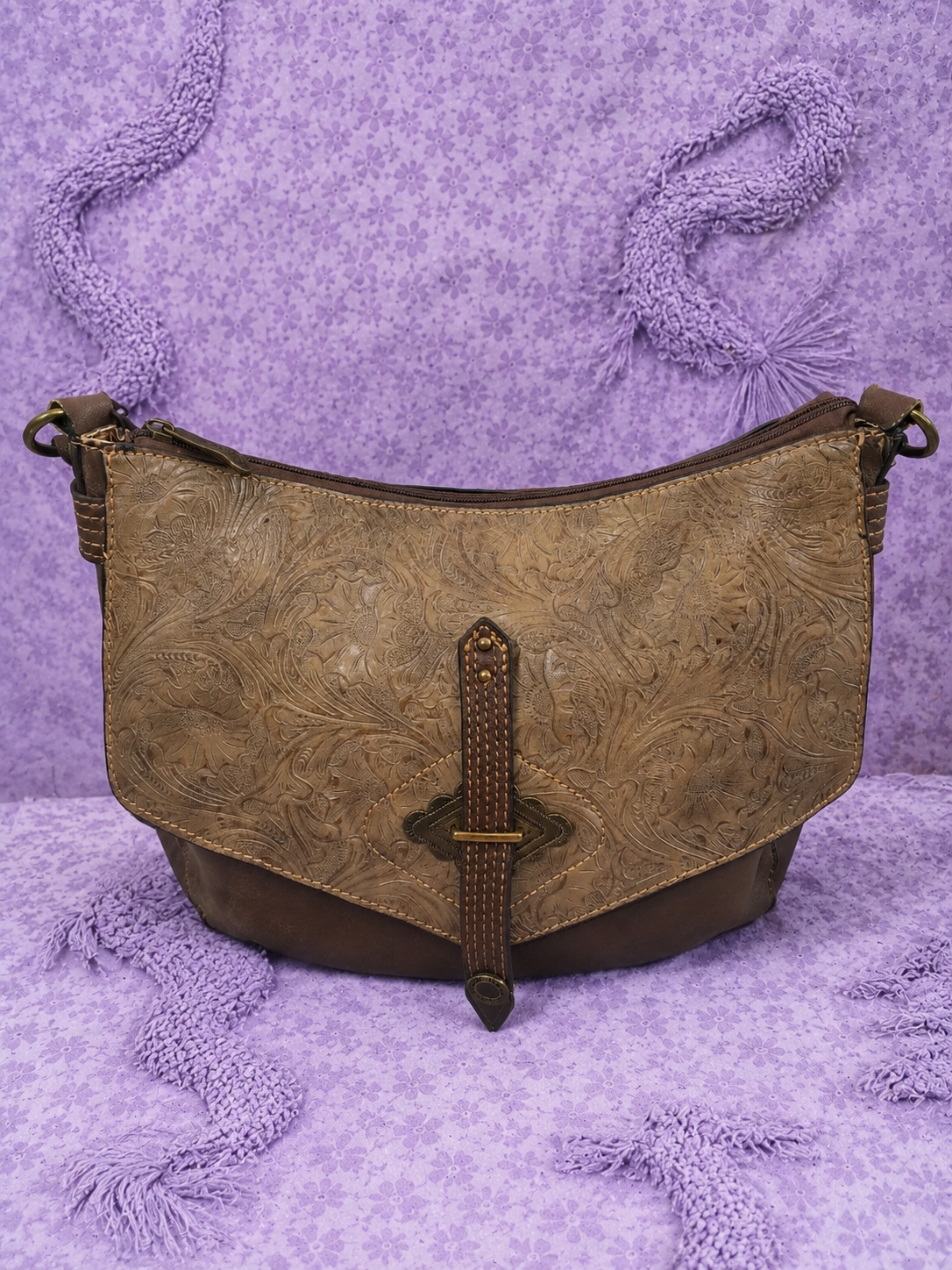 Justin Vintage Western Shoulder Bag Brown Embossed Boho Handbag Country Style