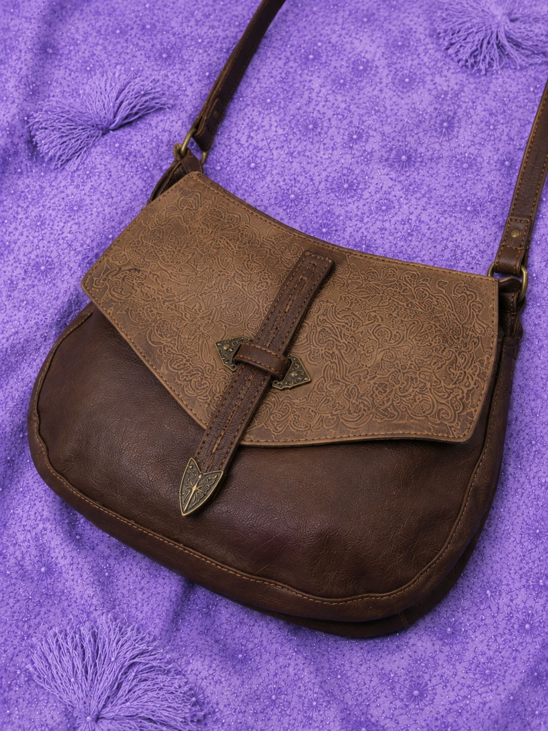Justin Vintage Western Shoulder Bag Brown Embossed Boho Handbag Country Style