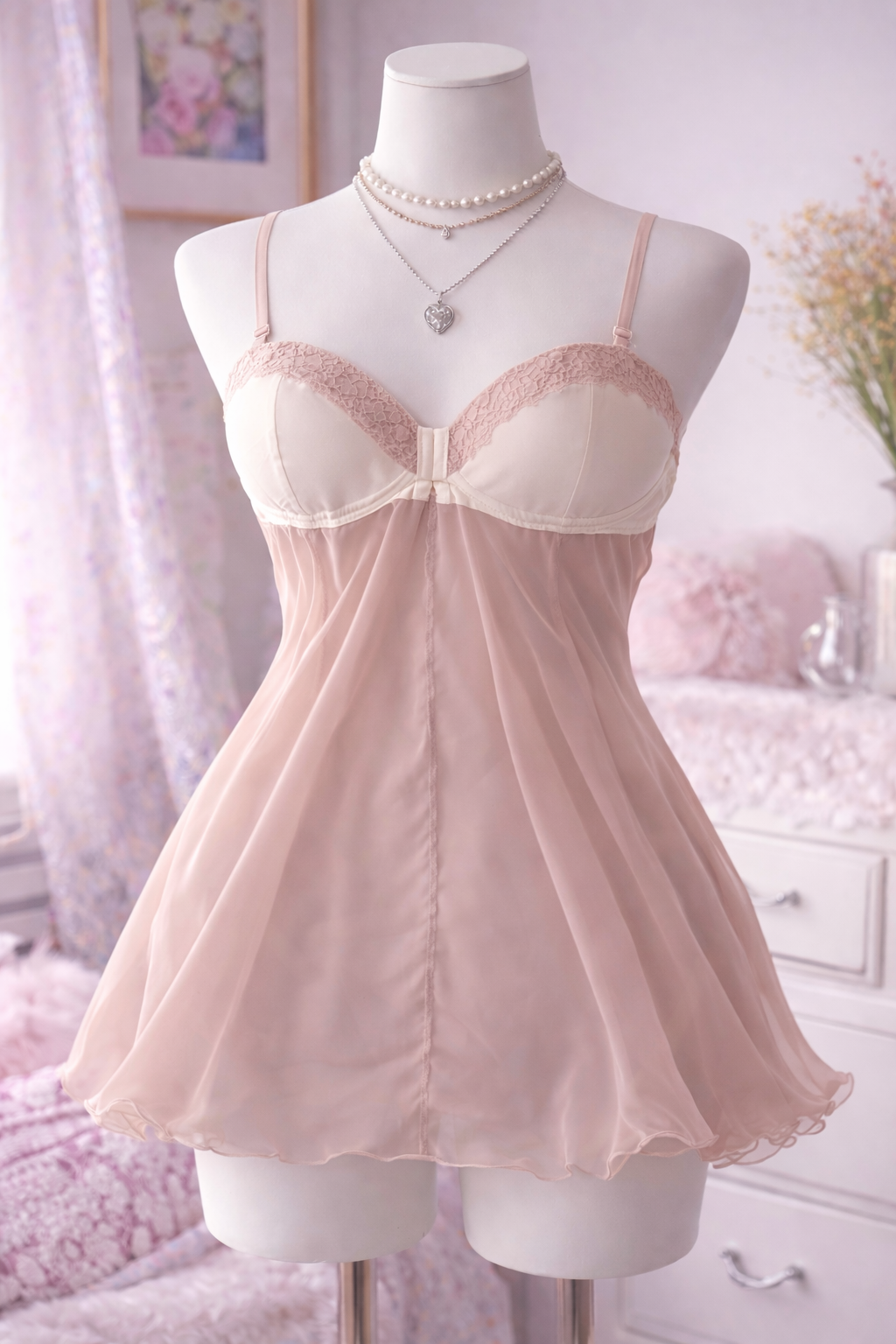 Babydoll Lingerie Beige/Avorio XL – Camicia da Notte Trasparente con Pizzo, Stile Y2K Romantico