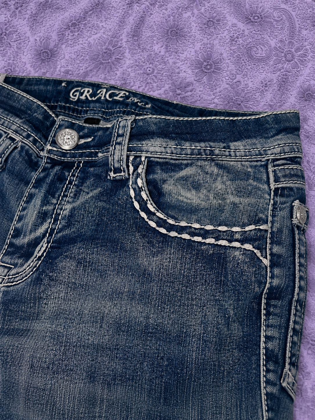 Jeans Grace in LA Y2K Bootcut Donna Taglia 7/28 Denim Blu Ricami e Strass Stile Western Cowgirl