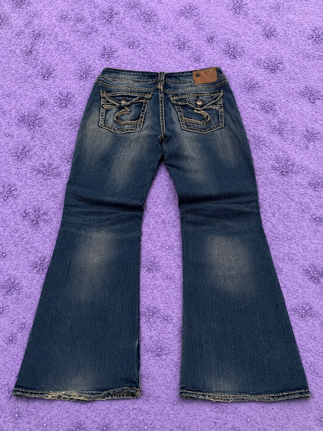 Jeans Silver Suki Bootcut Donna W28 L32 Denim Blu Vita Bassa Y2K Flare Ricami Tasche