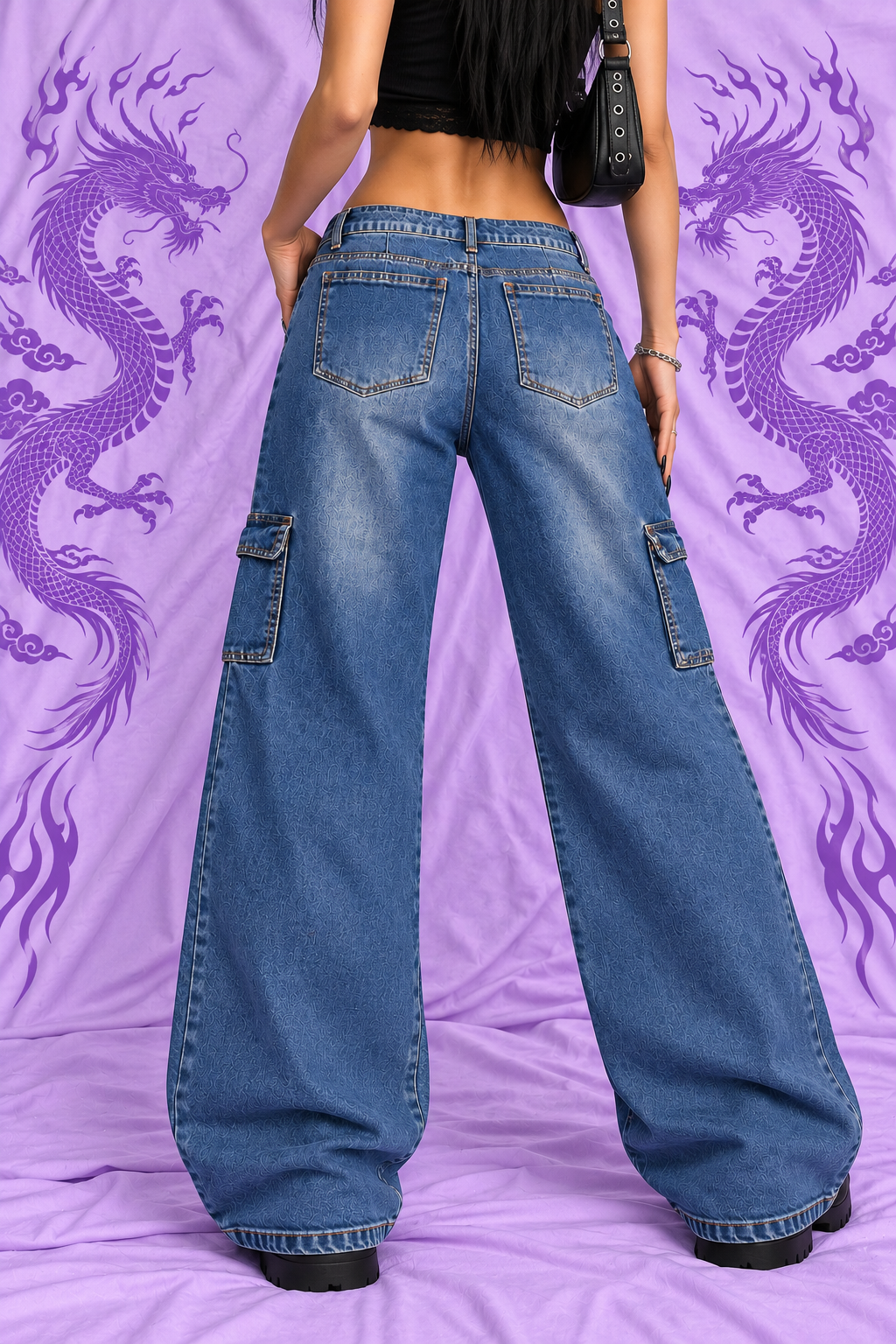 Wax Jean Y2K Baggy Cargo Jeans Blue Wide Leg Denim Size 7/28