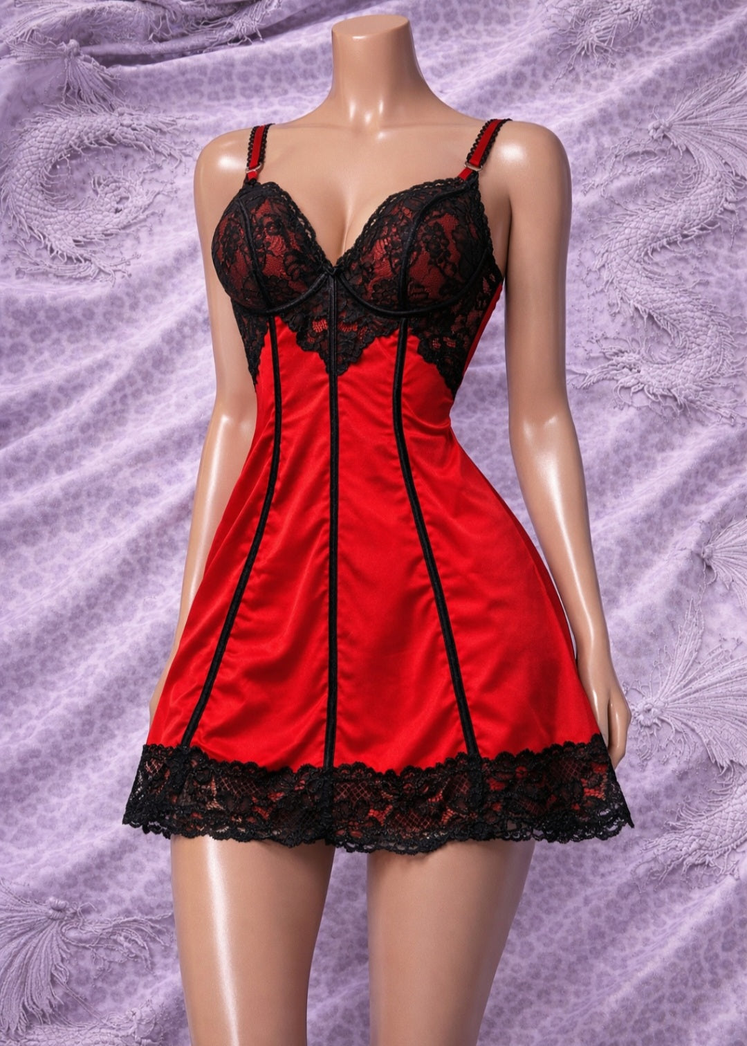 Red & Black Lace Babydoll Dress – Dark Romantic Gothic Mini Dress Y2K