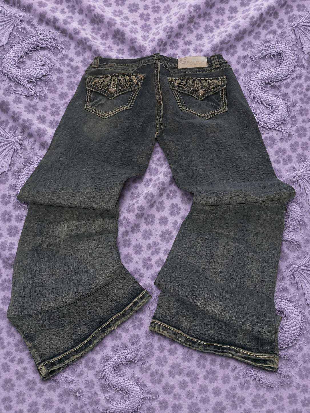 Jeans Grace in LA Y2K Bootcut Donna Taglia 7/28 Denim Blu Ricami e Strass Stile Western Cowgirl