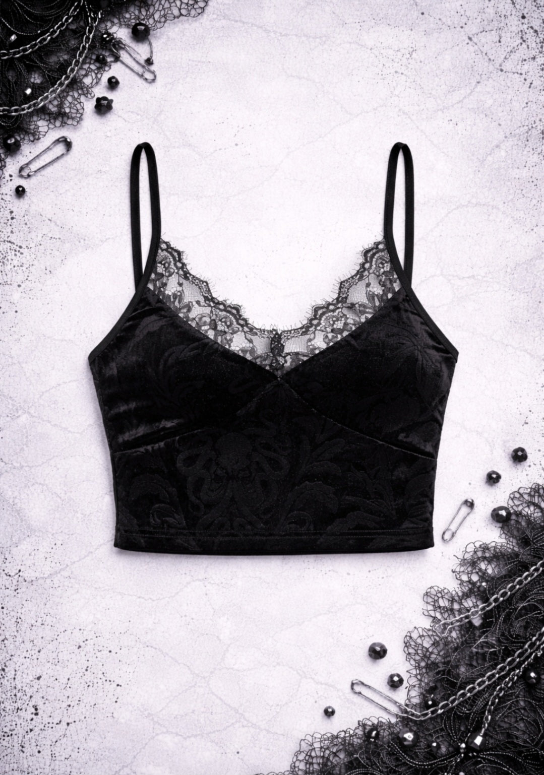 Punk Gothic Velvet Crop Top with Lace – Black Bustier, Adjustable Straps