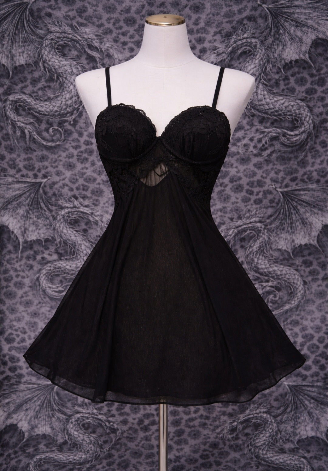 Vestito Babydoll Nero Y2K in Pizzo – Mini Dress Gothic Sheer Vintage 2000s