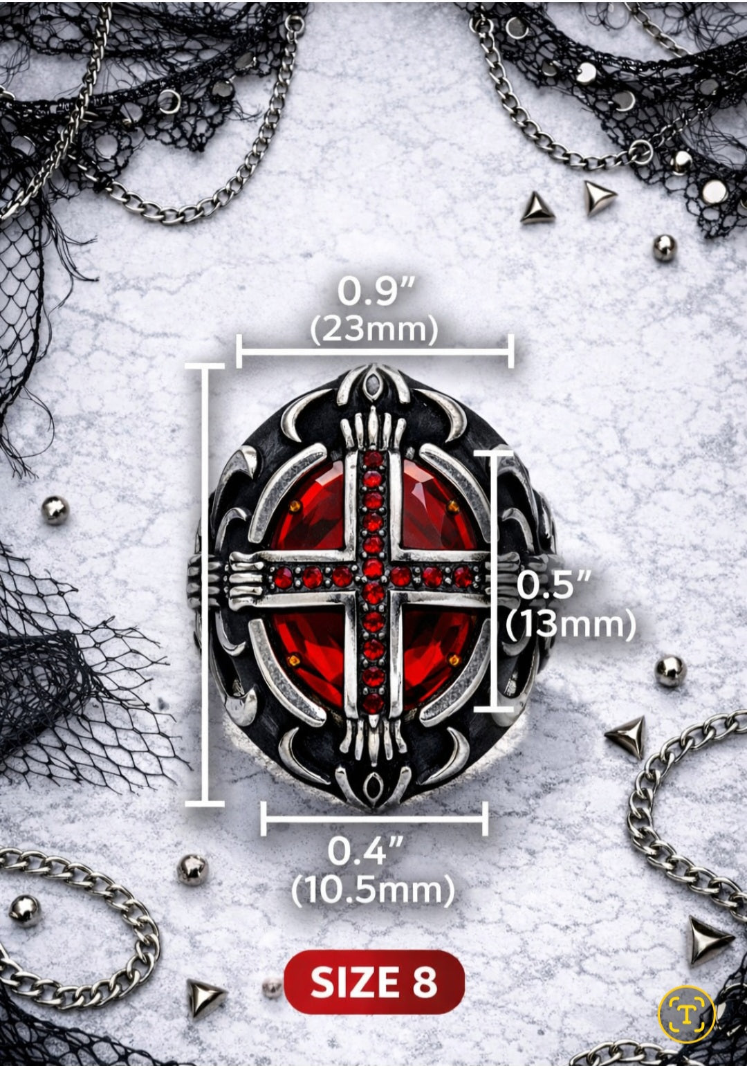 Anello Gothic in Argento S925 con Croce e Pietra Rossa – Dark Occult Ring