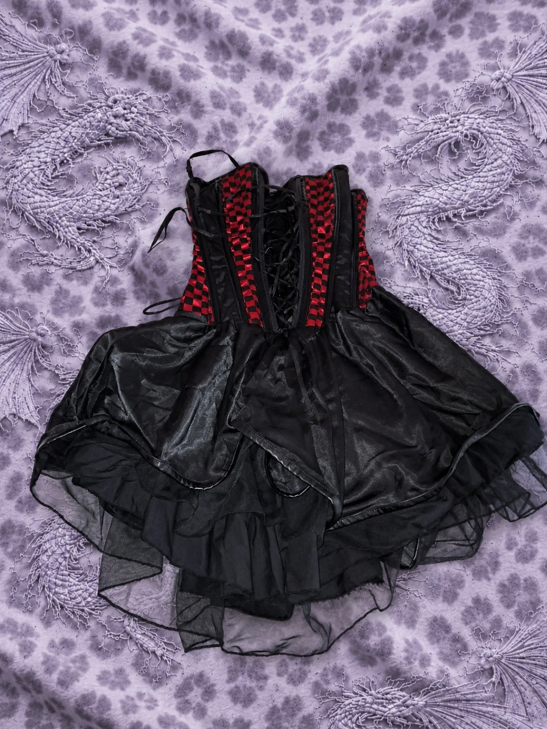 Abito Corsetto Nero e Rosso a Scacchi | Mini Abito Gothic Punk Y2K con Gonna a Balze XS