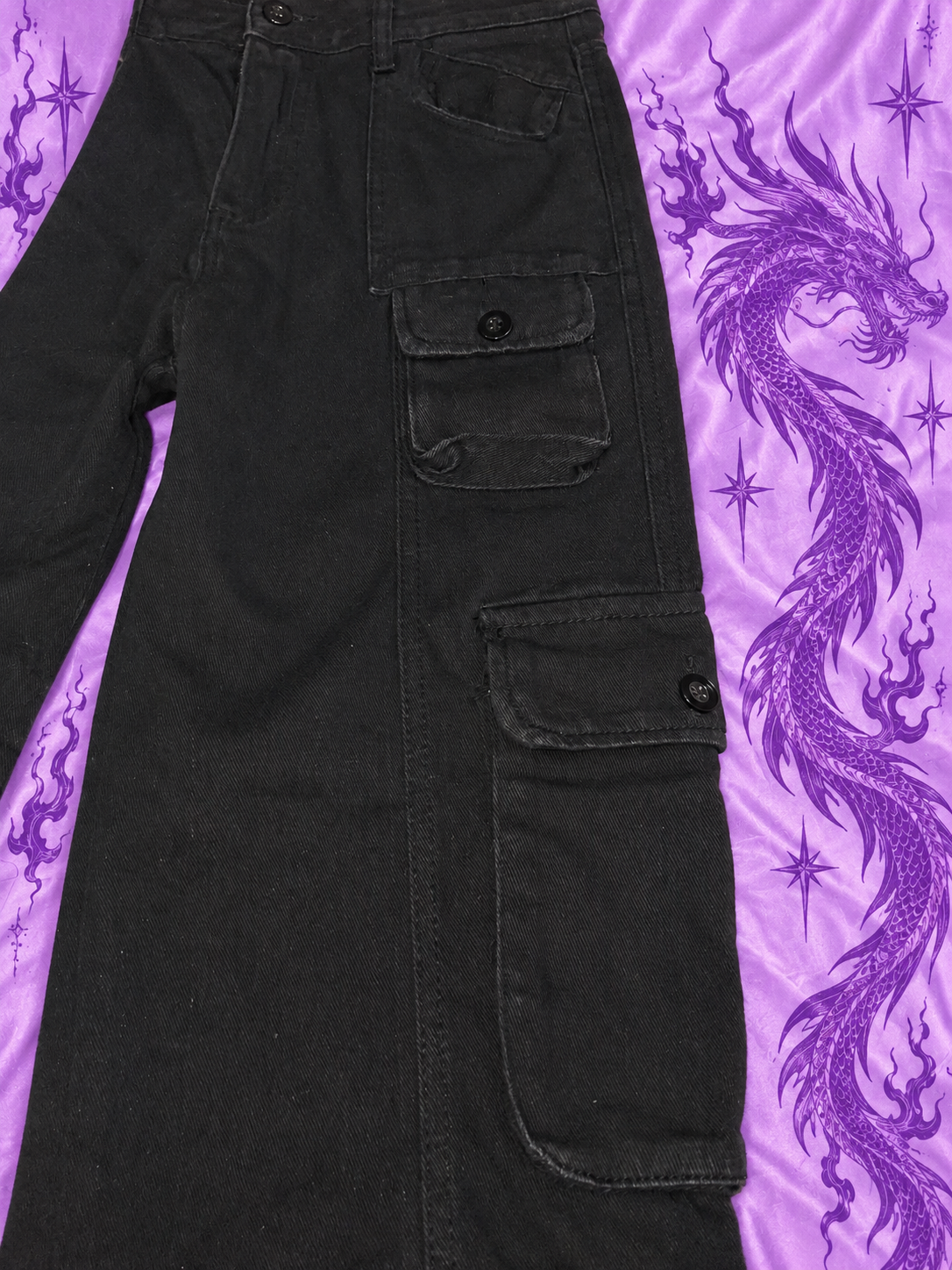 Black Y2K Baggy Cargo Pants – Wide Leg Multi Pocket Trousers Size M