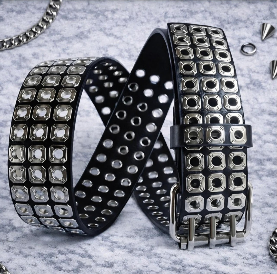 Cintura punk nera borchiata con fibbia tripla in metallo larga 6,5 cm – unisex