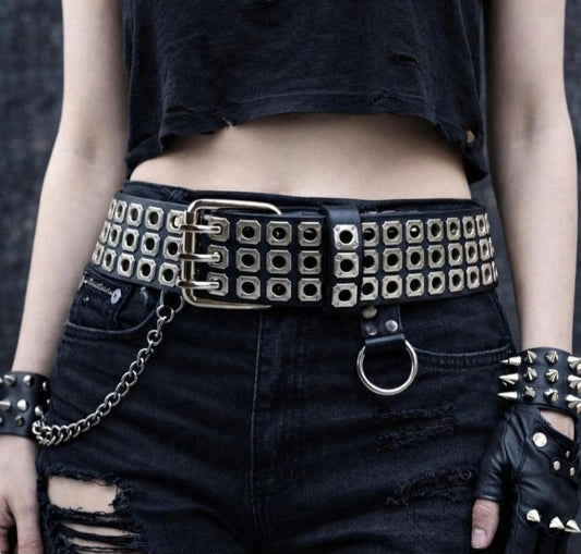 Cintura punk nera borchiata con fibbia tripla in metallo larga 6,5 cm – unisex